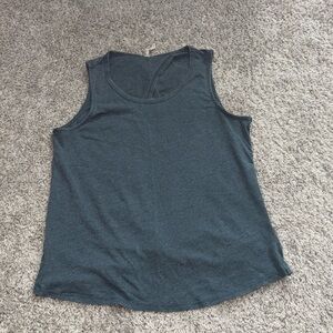 Sage large open back muscle tank. Heathered blue. Knot on back.